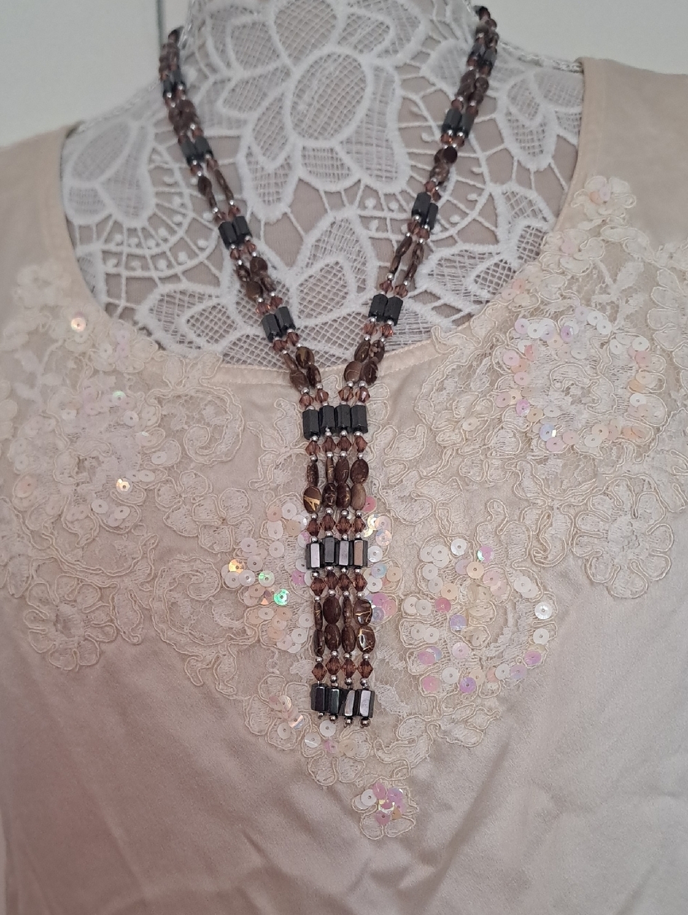Set of Two Magnetic Hematite Beaded Necklaces Black & Silver and Brown